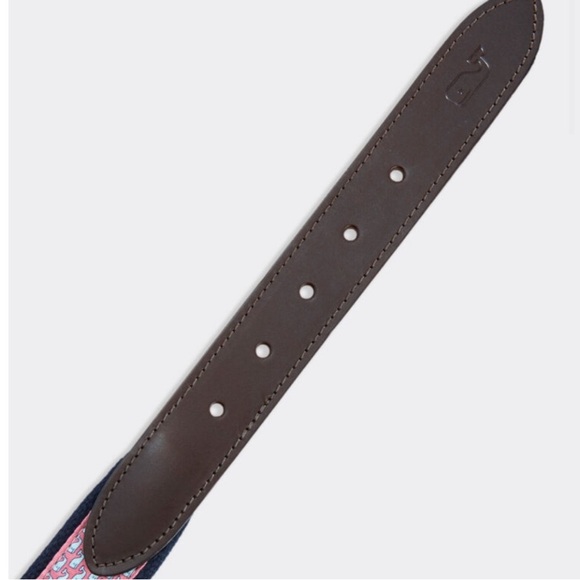 Vineyard Vines Pink Whale Webbing Belt with Brown Leather Trim - Picture 3 of 7